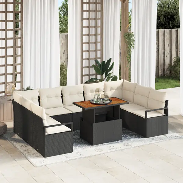Set de sofa de gradina Gossi cu 10 piese si perne, negru, ratan poli, acacia, sofa de gradina Gossi cu 2 locuri si perne, negru, ratan poli
