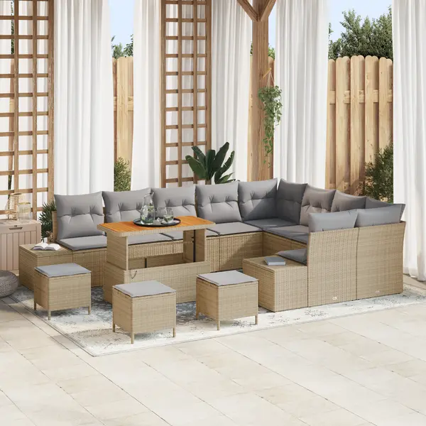 Set de sofa de gradina Gossi cu 13 piese si perne bej poliratan acacia, set de masa de gradina Gossi cu 4 piese si perne bej poliratan acacia, sofa de gradina cu 2 locuri Gossi cu perne bej poliratan