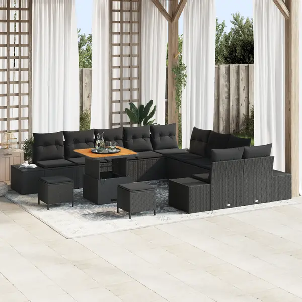 Set de sofa de gradina Gossi cu 13 piese si perne negru poliratan acacia, sofa de gradina Gossi cu 2 locuri si perne negru poliratan, set de cina de gradina Gossi cu 3 piese si perne negru poliratan acacia