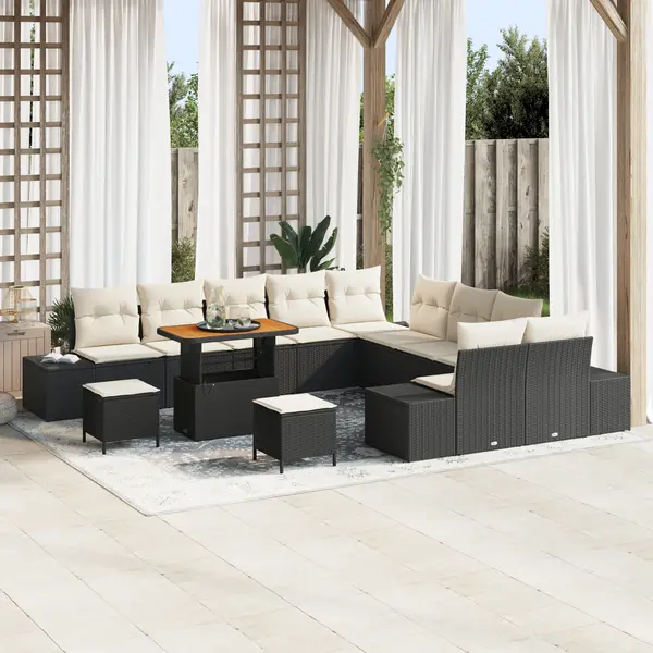Set de sofa de gradina Gossi cu 13 piese si pernite negru poliratan acacia, sofa de gradina cu 2 locuri Gossi cu pernite negru poliratan, set de dining pentru gradina cu 3 piese cu pernite negru poliratan acacia