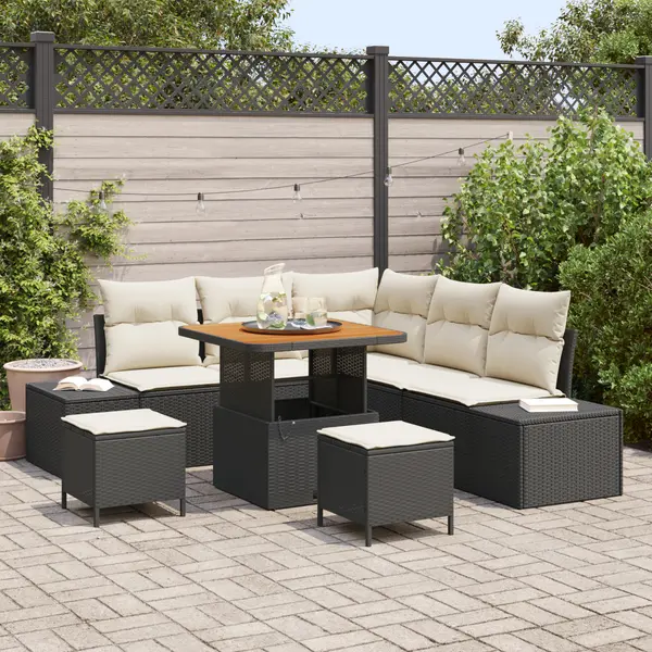 Set de sofa de gradina Gossi cu 8 piese cu perne negru poliratan acacia, sofa de gradina cu 2 locuri Gossi cu depozitare si perne negru poliratan, set de dining de gradina cu 3 piese cu perne negru poliratan acacia