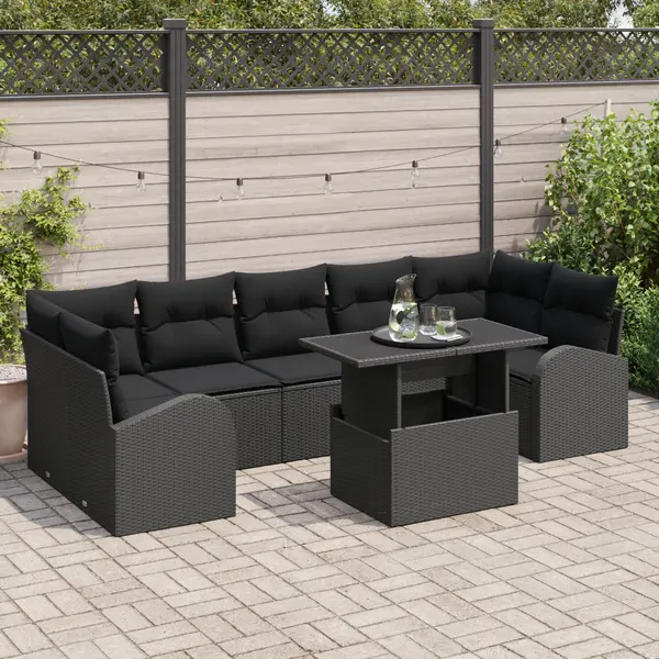 Set de sofa de gradina Gossi cu 8 piese si perne negre din poliratan, sofa de gradina Gossi pentru 2 persoane cu spatiu de depozitare si perne negre din poliratan