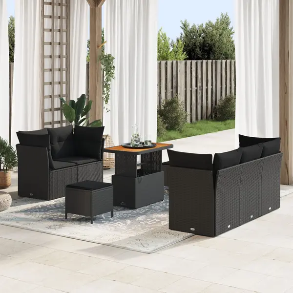 Set de sofa de gradina Gossi cu 8 piese si perne negru poliratan acacia, set de dining de gradina Gossi cu 3 piese si perne negru poliratan acacia