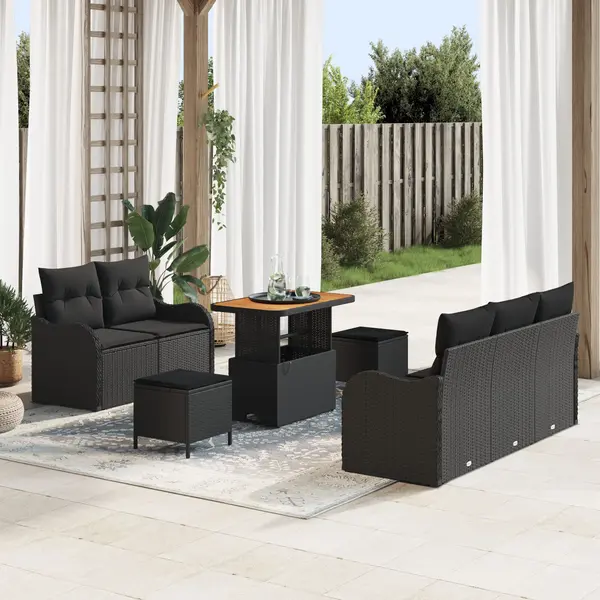 Set de sofa de gradina Gossi cu perne negre din ratan polimer acacia, sofa de gradina cu 2 locuri Gossi cu perne negre din ratan polimer, set de masa de gradina cu 3 piese cu perne negre din ratan polimer acacia