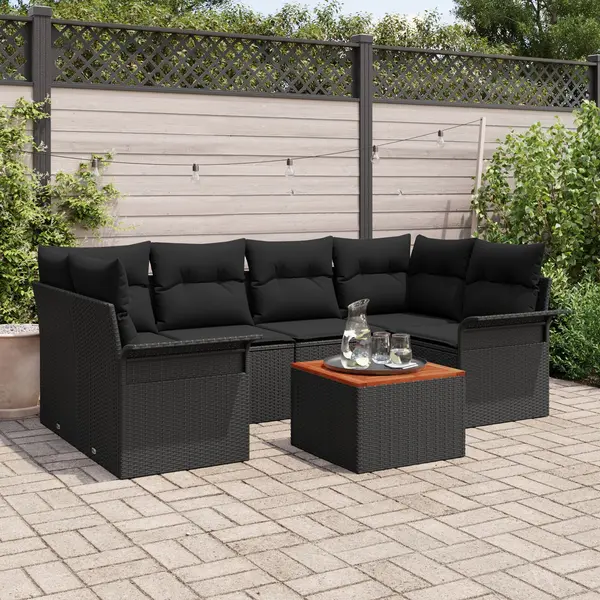 Set de sofa gradina Gossi 7 piese cu perne negre din poliratan acacia, sofa gradina Gossi 2 locuri cu spatiu de depozitare & perne negre din poliratan