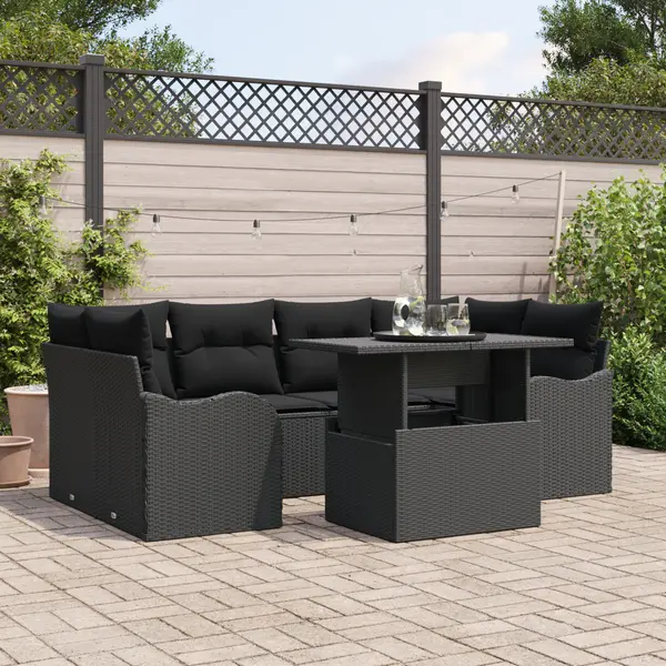 Set de sofa modular pentru gradina Gossi cu perne negru poliratan, canapea pentru gradina cu spatiu de depozitare si perne Gossi negru poliratan
