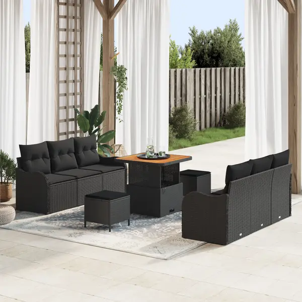 Set de sofa pentru gradina cu 9 piese si perne, negru, ratan poli, acacia, sofa pentru gradina cu 2 locuri, cu depozitare si perne, negru, ratan poli, set de dining pentru gradina cu 3 piese si perne, negru, ratan poli, acacia