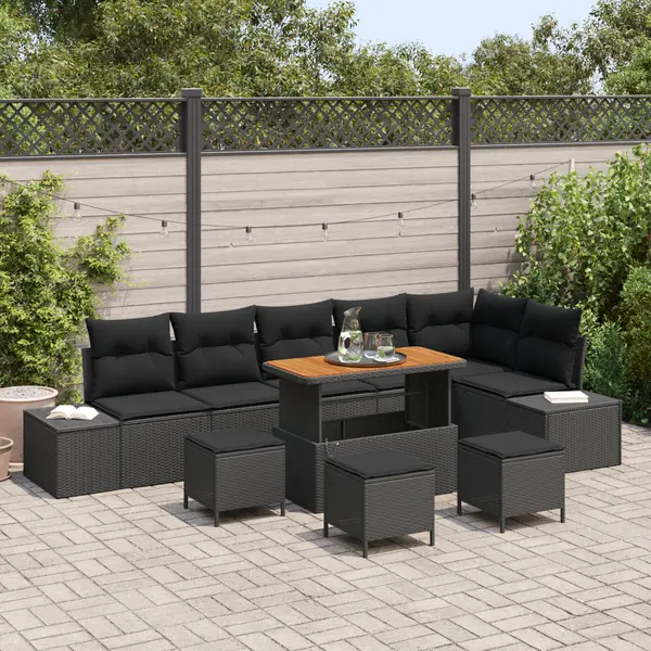 Set de sofa pentru gradina Gossi 10 piese cu perne negre din poliratan de acacia, sofa pentru gradina Gossi 2 locuri cu perne negre din poliratan, set de dining pentru gradina Gossi 4 piese cu perne negre din poliratan de acacia