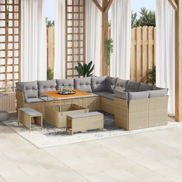 Set de sofa pentru gradina Gossi 13 piese cu perne bej poliratan acacia, set de dining pentru gradina Gossi 3 piese cu perne bej poliratan acacia