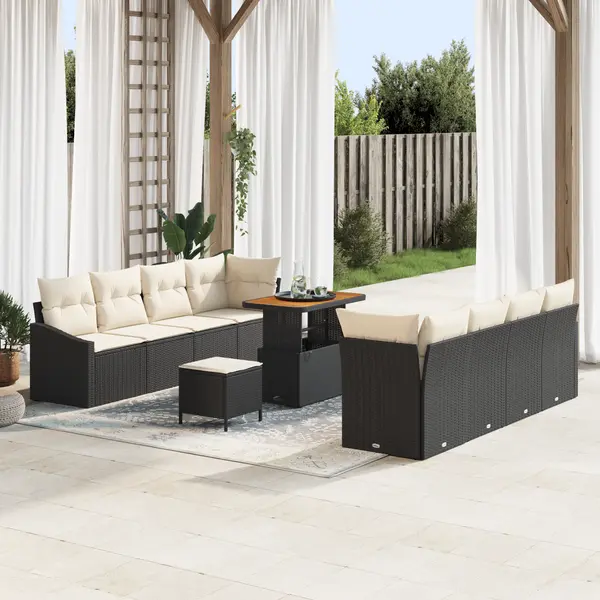 Set de sofa pentru gradina Gossi cu 11 piese si perne negru poliratan acacia, sofa pentru gradina Gossi cu 2 piese si perne negru poliratan, set pentru cina in gradina Gossi cu 3 piese si perne negru poliratan acacia