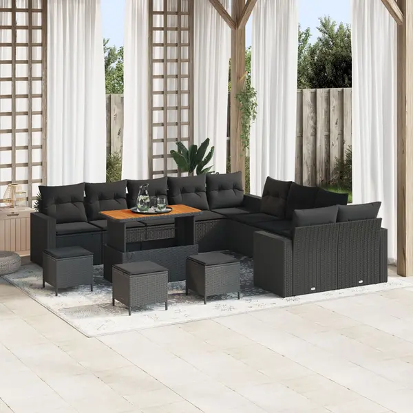 Set de sofa pentru gradina Gossi cu 13 piese si perne poliratan negru acacia, set de mese de gradina Gossi cu 3 piese si perne poliratan negru acacia