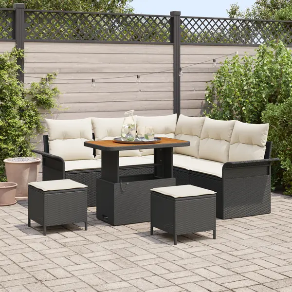 Set de sofa pentru gradina Gossi cu 8 piese si perne negre din poliratan acacia, sofa pentru gradina Gossi cu 2 locuri si perne negre din poliratan, set de dining pentru gradina Gossi cu 3 piese si perne negre din poliratan acacia