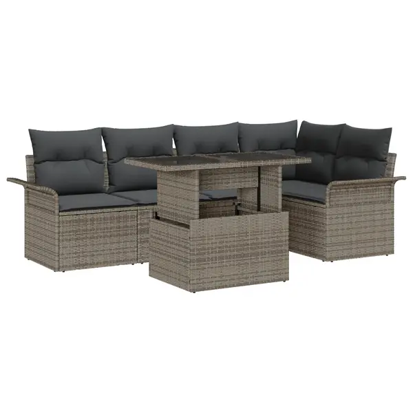 Set de sofa pentru gradina Gossi cu perne gri din ratan poligonal, sofa pentru gradina Gossi cu 2 locuri si spatiu de stocare & perne gri din ratan poligonal
