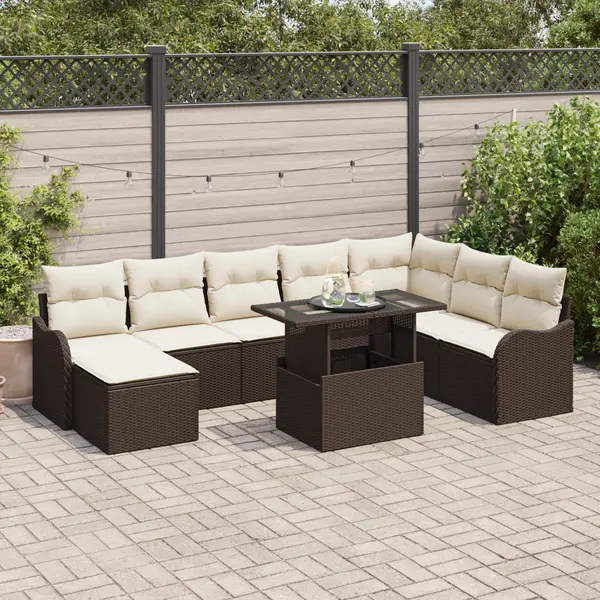 Set de sofa pentru gradina Gossi cu perne maro din ratan poliester, sofa pentru gradina Gossi cu doua locuri si perne maro din ratan poliester
