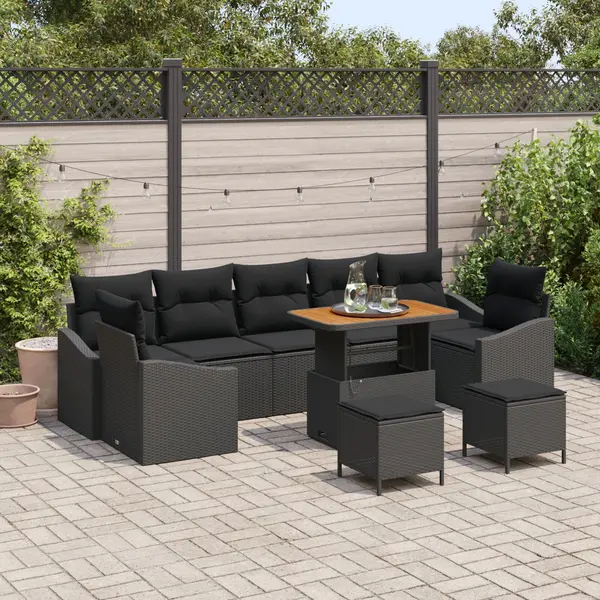 Set de sofa pentru gradina Gossi cu perne negre din ratan polimer acacia, sofa pentru gradina Gossi cu 2 locuri cu perne negre din ratan polimer, set de dining pentru gradina Gossi cu 3 piese cu perne negre din ratan polimer acacia