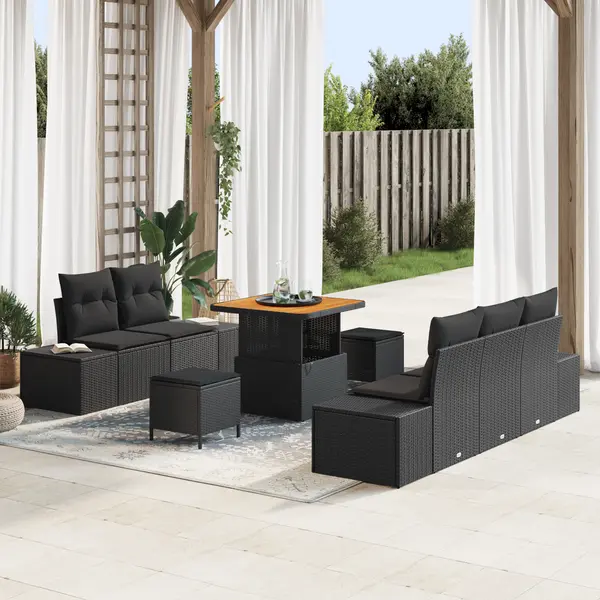 Set de sofa pentru gradina Gossi cu perne negru poliratan acacia, sofa de gradina Gossi cu spatiu de depozitare & perne negru poliratan, set de dining pentru gradina Gossi cu perne negru poliratan acacia