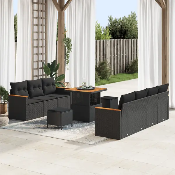 Set de sofa pentru gradina Gossi cu perne negru ratan poli acacia, set de dining pentru gradina Gossi cu perne negru ratan poli acacia