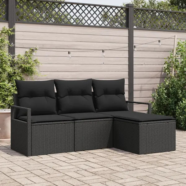 Set de sofa pentru gradina Gossi de 4 piese cu perne, ratan poli negru, set de sofa pentru gradina Gossi de 2 locuri cu depozitare si perne, ratan poli negru