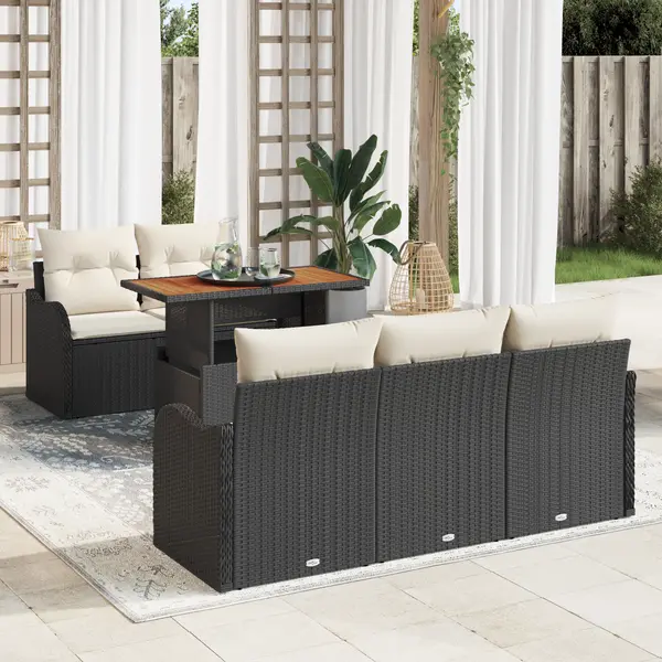 Set de sofa pentru gradina Gossi de 6 piese cu perne, negru ratan poly, sofa de 2 locuri Gossi cu spatiu de depozitare si perne, negru ratan poly