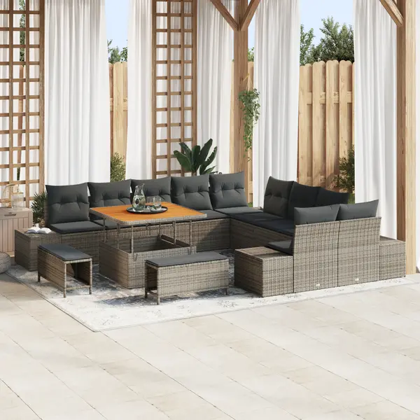 Set de sofa pentru gradina Gossi din 13 piese cu perne gri poli ratan acacia, sofa de gradina Gossi cu 2 locuri si perne gri poli ratan, set de dining pentru gradina Gossi din 3 piese cu perne gri poli ratan acacia