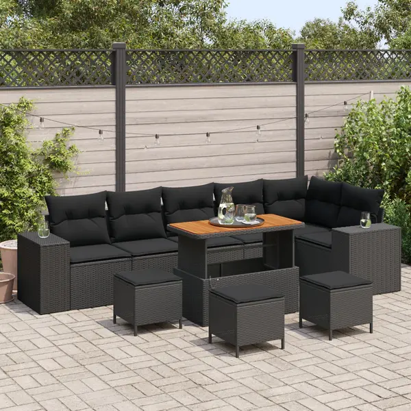 Set de sofa pentru gradina Gossi din poliratan negru cu perne, set de dining pentru gradina Gossi cu perne din poliratan negru
