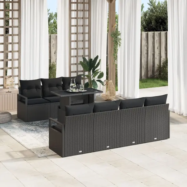 Set de sofale de gradina Gossi cu perne negru ratan poli, sofa de gradina cu 2 locuri si spatiu de stocare & perne negru ratan poli