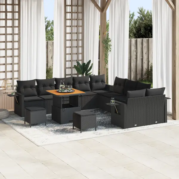 Set de sofale pentru gradina Gossi cu 13 piese cu perne negru poliratan acacia, set de dining pentru gradina Gossi cu 3 piese cu perne negru poliratan acacia
