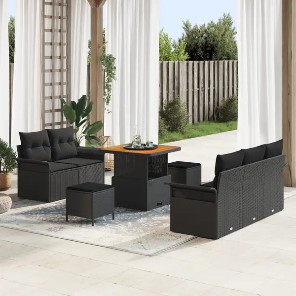 Set de sofe de gradina Gossi cu 8 piese si perne negru rattan poliester acacia, sofa de gradina Gossi cu 2 locuri si perne negru rattan poliester, set de dining de gradina Gossi cu 3 piese si perne negru rattan poliester acacia