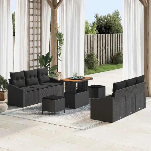 Set de sofe pentru gradina Gossi cu perne negre poliratan acacia, sofa de gradina Gossi cu perne negre poliratan, set de dining pentru gradina cu 3 piese si perne negre poliratan acacia