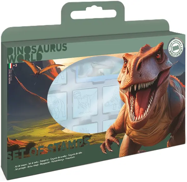 Set de ștampile Multiprint Dinosaurs World - 7 buc.,cu 3 carioci