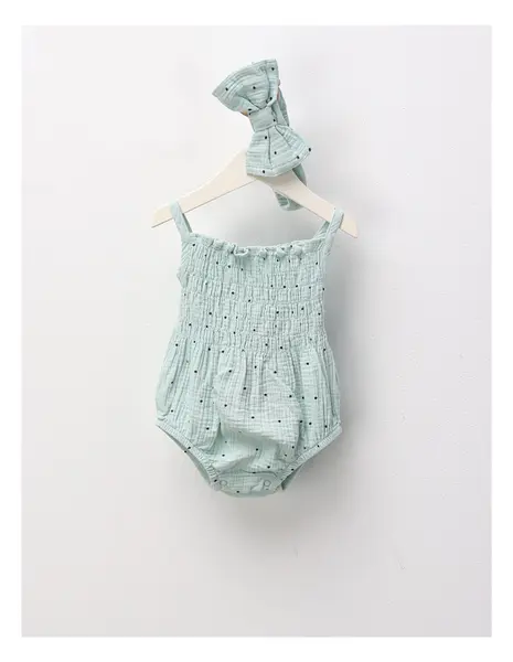Set de vara din muselina, body maiou si bentita, verde