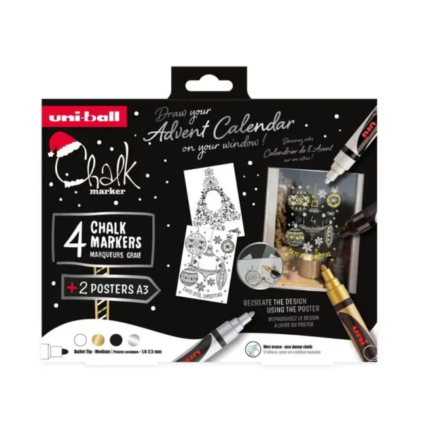 Set Desen Ferestre Craciun , 4 Markere UNI Chalk XMAS Elegante (alb, auriu, argintiu, negru) + 2 sabloane A3