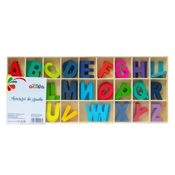 Set didactic din lemn litere pentru invatarea alfabetului, multicolor, 3 cm, cu cutie depozitare