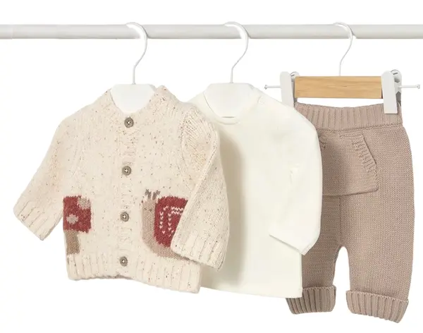 Set din 3 piese Mayoral - Cardigan, bluză și pantaloni, maro, 6-9 luni