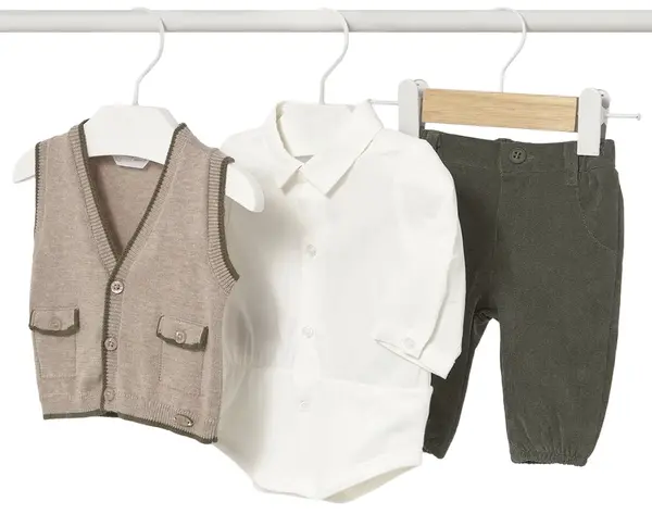 Set din 3 piese Mayoral - Vestă, body bluză și pantaloni, verde, 4-6 luni