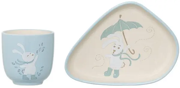 Set din ceramica Bloomingville Bunny - Pahar si farfurie, albastre