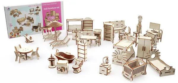 Set din lemn de asamblat Woodpy - Mobilier pentru papusi, 346 piese