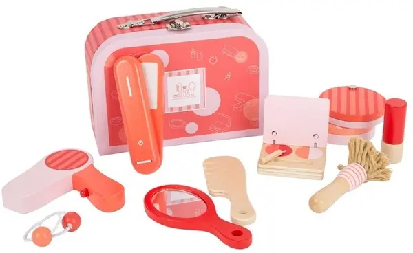 Set din lemn Small Foot - Valiza cu accesorii pentru machiaj si coafura retro