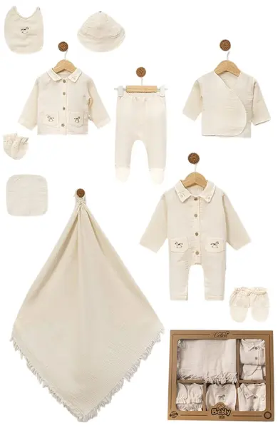 Set din muselină pentru externare Bebly Kids - 10 piese, Beige boy
