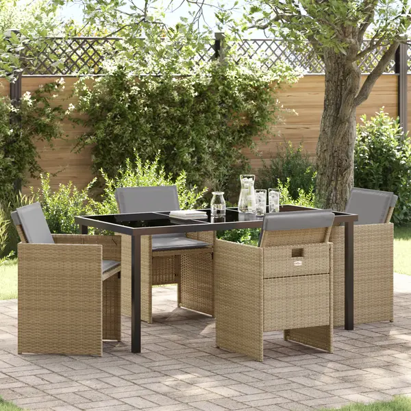 Set dining 5 piese cu pernute bej ratan polimeric, masa gradina Gossi negru 160x80x73 cm sticla temperata