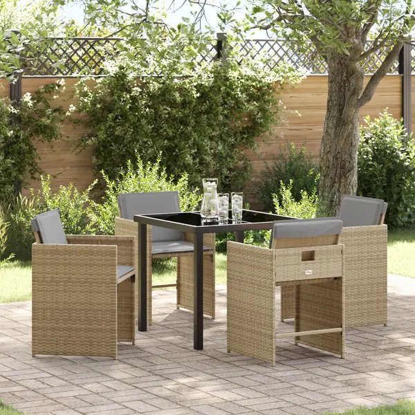 Set dining 5 piese gradina Gossi cu perne bej din ratan poli, masa gradina Gossi neagra 80x80x73 cm din sticla temperata