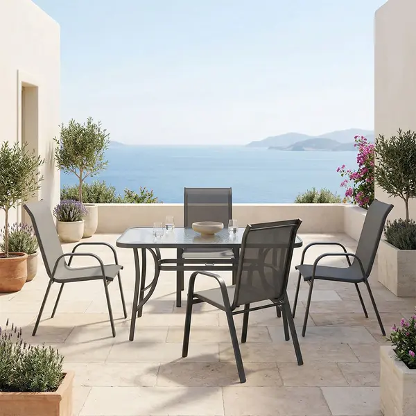 Set dining exterior Ensure Calan, 5 piese, metal si sticla, Antracit, 120x70x70 cm