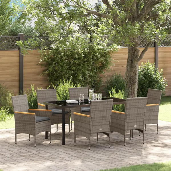 Set dining gradina Gossi 7 piese cu perne gri poliester, masa gradina Gossi neagra 160x80x73 cm din sticla securizata