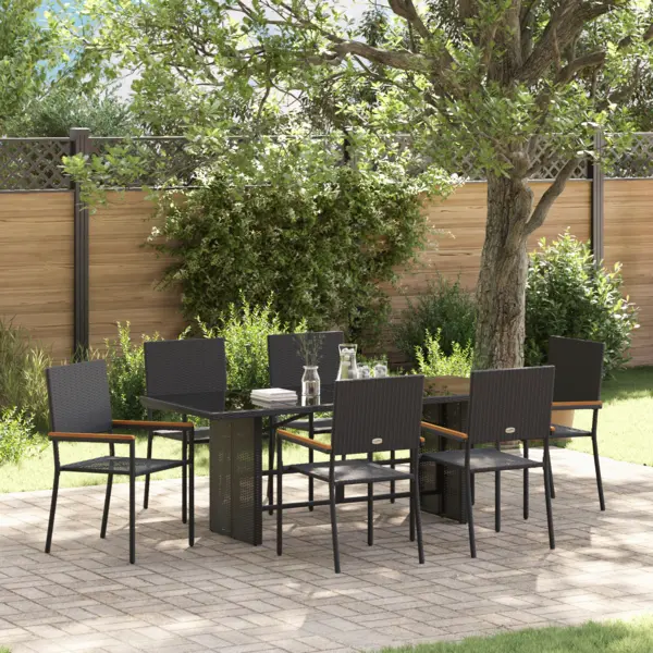 Set dining gradina Gossi cu 7 piese negru poliratan, scaune gradina stivuibile Gossi cu perne - set 2 piese poliratan negru