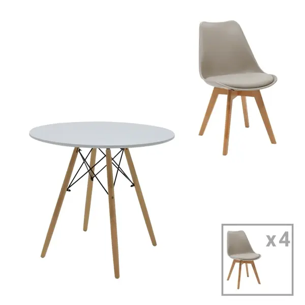 Set dining Julita-Gaston, Pako World, MDF, 5 piese, Gri-Alb-Natural, 80x80x73 cm