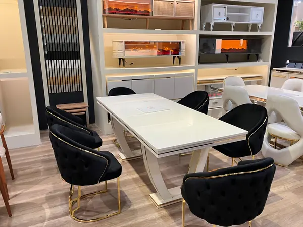 Set Dining Luxury Velvet Gold – Masă Alb Lucios + 6 Scaune Catifea Neagră