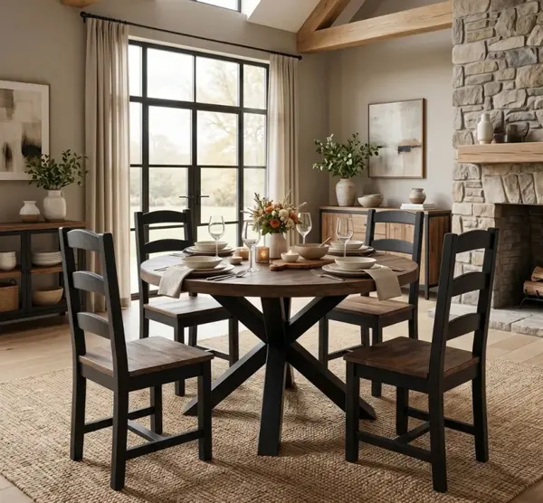 Set Dining Rotund Industrial cu 4 Scaune cu finisaj Dublu color