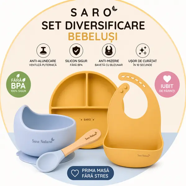 Set diversificare bebelusi Saro Mustar-Bleu farfurie din silicon, bol cu ventuza, baveta, lingurita ergonomica si cana pentru antrenament