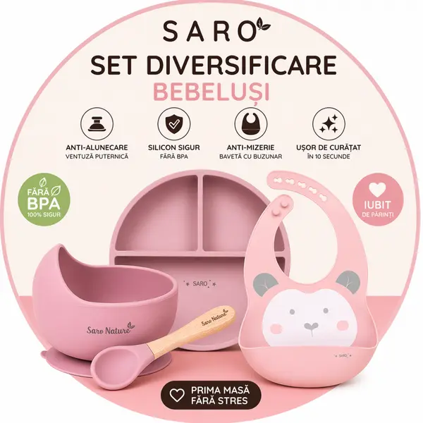 Set diversificare bebelusi Saro Roz farfurie din silicon, bol cu ventuza, baveta, lingurita ergonomica si cana pentru antrenament