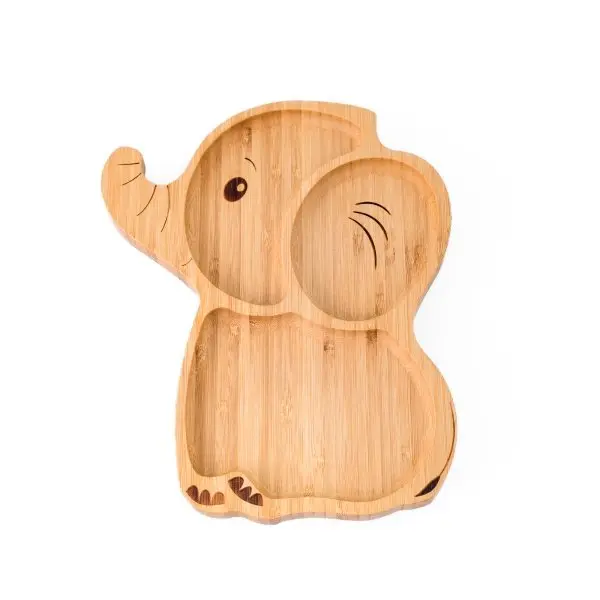 Set diversificare pentru copii Castron, farfurie elefant din bambus cu lingurita, cana cu pai si baveta Oaki Galben
